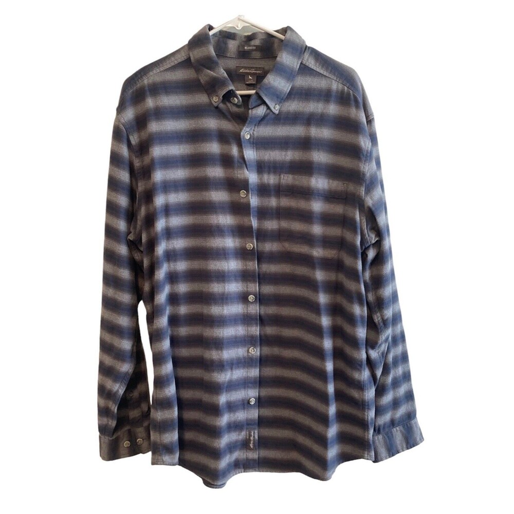 Eddie Bauer Button Down Shirt Mens Size L Stripped Long Sleeve Relaxed Fit Gray